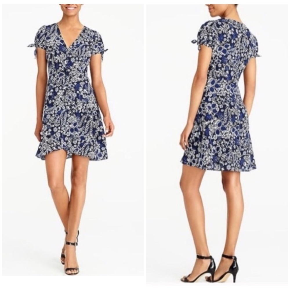 J.Crew Printed faux-wrap dress Blue White Floral Short Sleeve Ruffle Sz 00 NWT